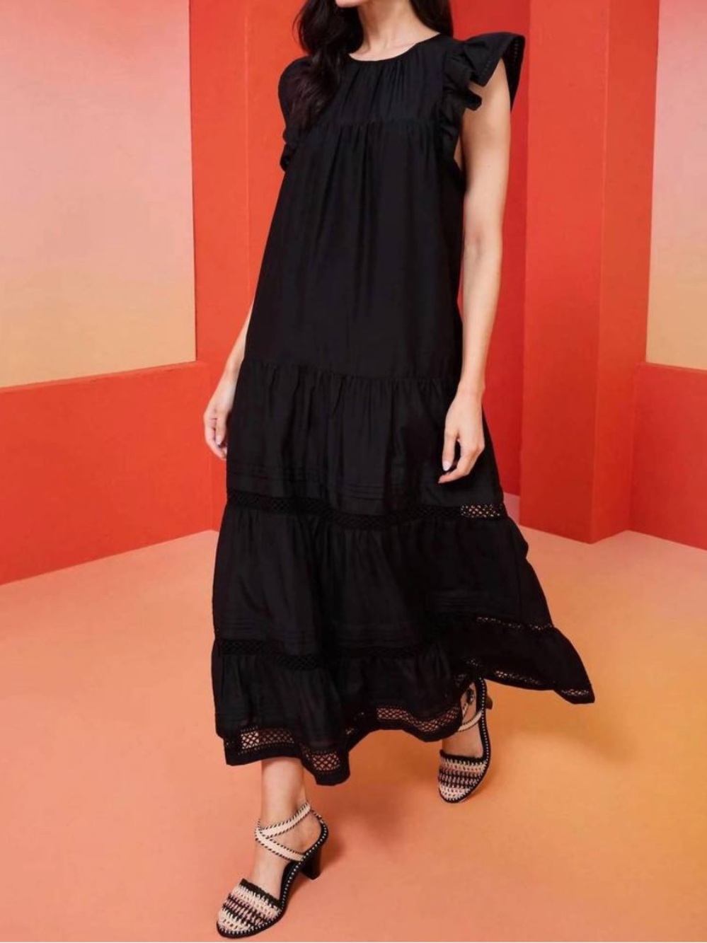 Marie Oliver black 100% silk willow maxi dress flutter sleeves